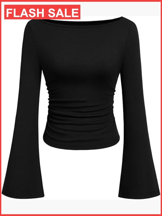 Tops - Womens Long Sleeve Crop Top Boat Neck Bell Sleeve Ribbed Y2K Blouse